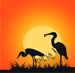 heron silhouette at sunset, Crane Bird Silhouettete Vector Illustration