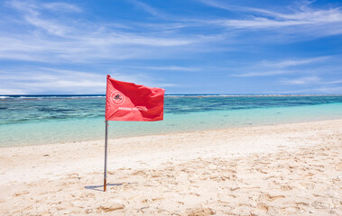 Red flag warning on sandy beach - 493822004
