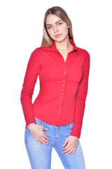 Obraz premium Portrait of beautiful woman wearing casual clothing on white background
