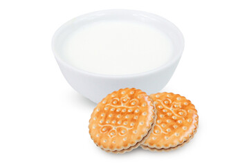 Sandwich cookies and milk on an isolated white background.