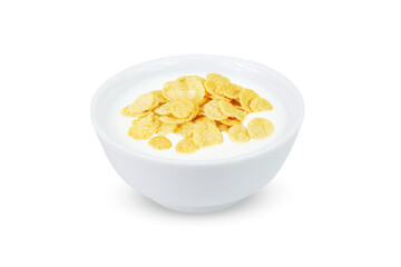 corn flakes and milk in bowl isolated on white background