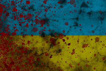 Banner calling to stop the war in Ukraine. There is no war. Ukrainian flag with blood splatter. Support Ukraine