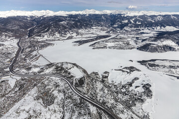 Aerial view of Lake Dillon, Summit, County, Colorado, USA in Winter.