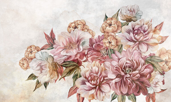 drawn art peonies and roses in a bouquet of flowers on a textural background photo wallpaper for the interior