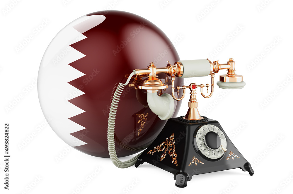 Poster phone with qatari flag. communication services in qatar, concept. 3d rendering