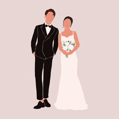 Abstract silhouette of wedding couple groom and bride. Woman with bouquet and man portrait. Invitation card. Wedding ceremony. Marriage people vector illustration. Newlyweds poster wall print decor