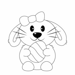 Cute cartoon Easter Bunny with Egg. Draw illustration in black and white
