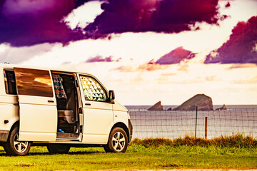 Campervan on sea coast in Asturias Spain.
