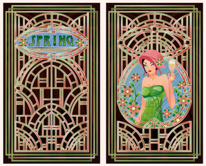 Spring seasons woman, Art deco greeting card, vector illustration