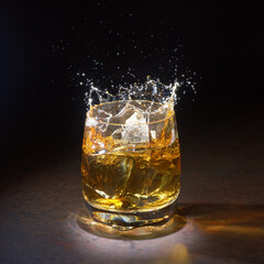 Glass of old whiskey with ice. A splashing glass of whiskey with ice isolated on a dark background