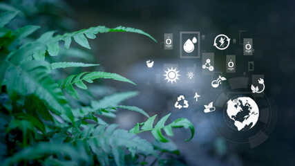 Blured green leave background and Smart technology with Internet of things futuristic agriculture concept, Sustainable energy, Metaverse, AI Futuristic Smart virtual interface.