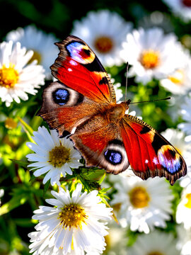 Pfauenauge auf Blumen in der Sonne