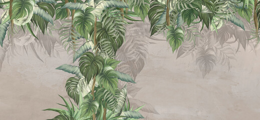 
large drawn art tropical leaves on a textured background with scuffs on the bonnet dark outlines of the leaves photo wallpaper for the interior