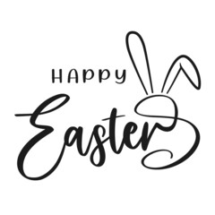 Happy Easter vector lettering with bunny ears. Isolated on white background