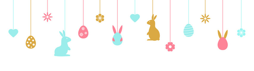 Easter banner with color hanging baubles. Holiday background with bunny, eggs, flowers, hearts line art icons. Happy spring pattern. Festive cartoon border. Greeting frame. Vector illustration