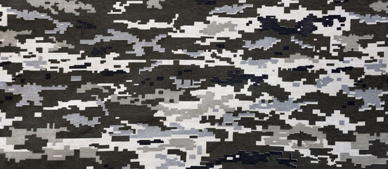 Fabric with texture of Ukrainian military pixeled camouflage. Cloth with camo pattern in grey,...