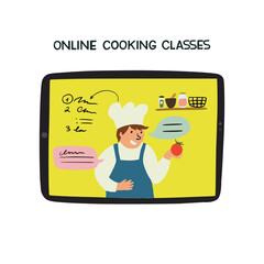 Hand drawn illustration of man wear apron, chef's hat, teaching online cooking class in culinary school. Illustration of tablet with concept of studying via internet for pastime, hobby, food preparing