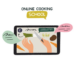 Hand drawn illustration of watching video of online cooking class, culinary vlog on tablet. Improve culinary skills at school, learning in internet. Woman’s hands chopping carrot in recipe tutorial
