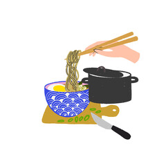 Hand drawn illustration of ramen soup and hand holding chopsticks with noodles, saucepan, cutting board. Cooking at home asian Japanese traditional food cuisine. Flat style clip art for recipe, blog