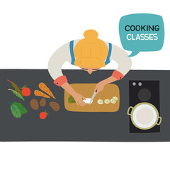 Young woman preparing healthy food in kitchen. Hand drawn illustration for cooking classes, culinary vlog or blog. Home hobby concept.