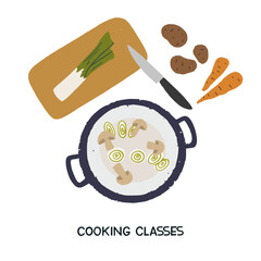 Hand drawn illustration for cooking class, culinary school, blog or vlog. Ingredients for healthy soup recipe. Top view of vegetables, cutting board, knife and saucepan. Cooking at home