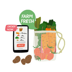Reusable mesh cotton shopping bag filled out with fresh vegetables and hand drawn illustration of a phone for online food ordering concept. Order food delivery in online grocery shop, farmers market