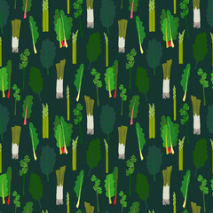 Seamless pattern with leafy greens, vegetables - leek, kale, swiss chard￼. Hand drawn texture with culinary motifs for kitchen, cooking or gardening blog, farmers market, grocery store, online shop.