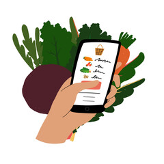 Hand drawn woman's hand holding smartphone while order food delivery at home. Illustration of delivery app with mobile phone to order groceries online on background with leafy greens, vegetables