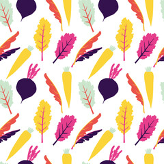Seamless pattern with leafy greens and root vegetables. Hand drawn texture with culinary motifs for kitchen, cooking or gardening blog, farmers grocery store, online shop.