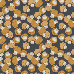 Seamless pattern with hand drawn button mushrooms. Texture with culinary motifs for kitchen, cooking blog, farmers grocery store, online shop.