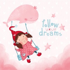 Illustration postcard afformation with a cute dwarf girl on a swing