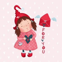 Illustration of a cute dwarf girl with hearts