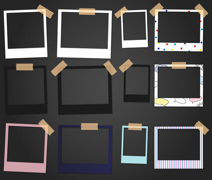 blank frames, Instant camera, Polaroid collection, Vector illustration, Set of polaroid, frames on wood
