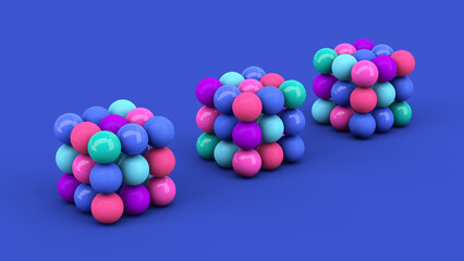 Colorful balls set. Three abstract cubes. Blue background. 3d render.