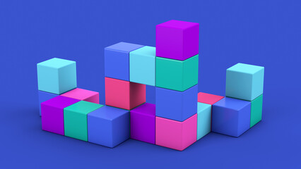 Obraz premium Group of blue, purple, pink, green cubes. Abstract illustration, 3d render.