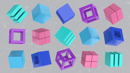 Set of colorful cubes, textured background. Abstract illustration, 3d render.
