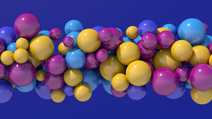Group of bright colorful balls, blue background. Abstract illustration, 3d render.