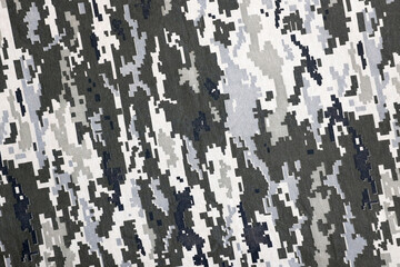 Fabric with texture of Ukrainian military pixeled camouflage. Cloth with camo pattern in grey,...