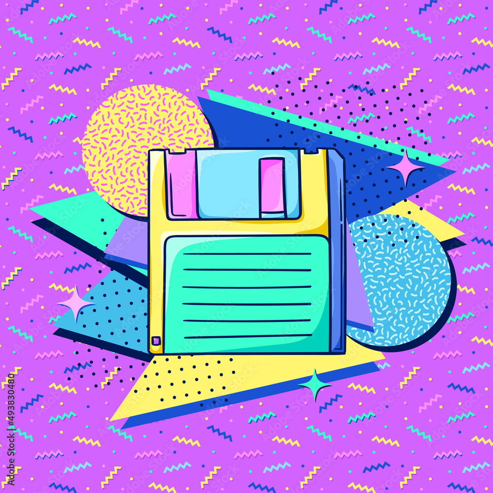 Poster floppy disk 90s style poster. retro diskette. retro disk storage. 1990s technology. nostalgia for th