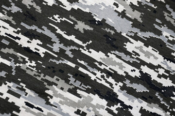 Fabric with texture of Ukrainian military pixeled camouflage. Cloth with camo pattern in grey,...