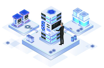 Data center or server room processing data operation with security protection and maintenance with isometric design style - vector