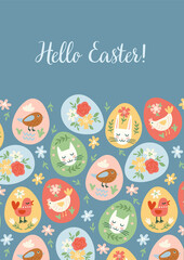 Easter illustration with funny eggs. Easter symbols. Cute vector design