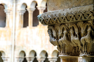 Detail of a capital in the courtyard of the cloister of the Monastery of Santo Domingo de Silos in Burgos, Spain