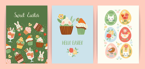 Easter illustrations with funny sweets. Cupcake, cake, dessert with easter symbols. Vector templates.