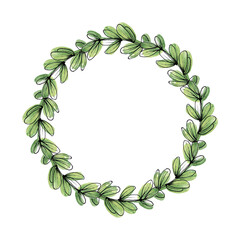 Botanical frame, framing with branches in a circle. A wreath of green branches with leaves, laconic, a combination of watercolor and linear style. For the design of printed products.