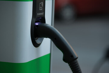 Dusseldorf, Germany - Saturday 19 2022. Power supply for electric car charging. Electric car...