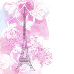 Naklejka na ściany i meble Spring in Paris. Vector illustration with Eiffel tower and blooming magnolia on a pink watercolor background.