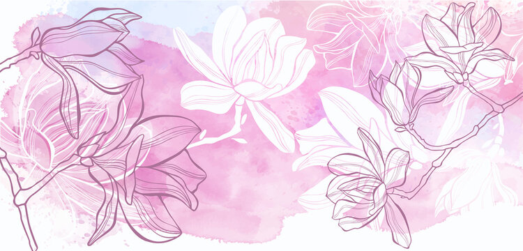 Art botanical background vector. Luxury design with magnolia flowers and watercolor splash. Template design for text, packaging and prints. © maritime_m
