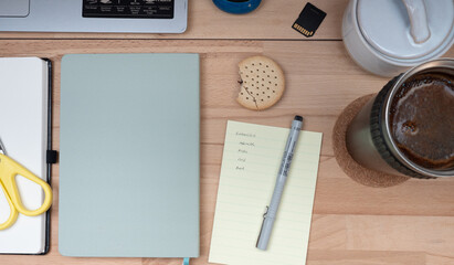 Desk Flatlay | Shopping List, office supplies and Notebooks, cockie