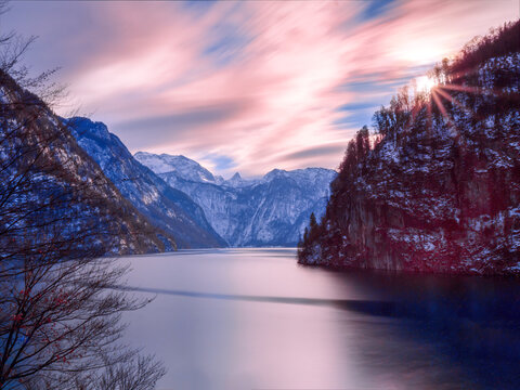 K&ouml;nigssee Bavarian national park during winter time with a pure silence and nature